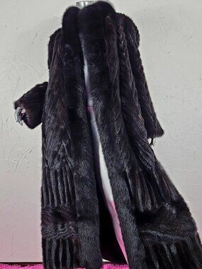 VINTAGE~PLUS 1X/2X~BLACK RANCH GENUINE MINK FUR REAL FOX FUR FULL LENGTH COAT